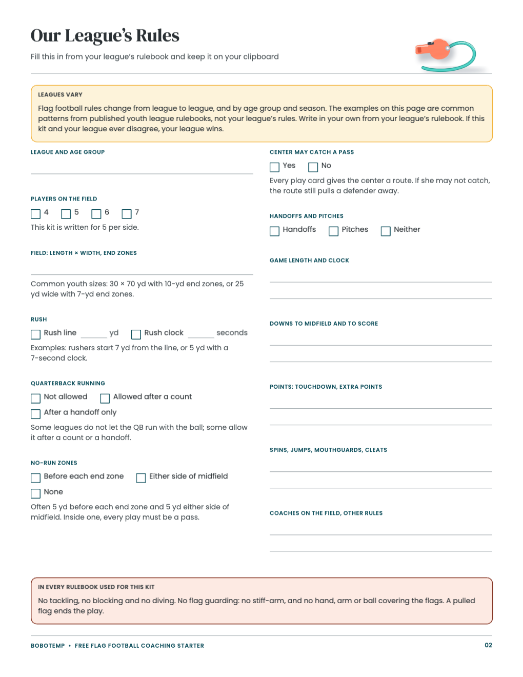 Our League’s Rules fill-in page with a leagues-vary note and boxes for rush line or clock, quarterback running, no-run zones, field size and more