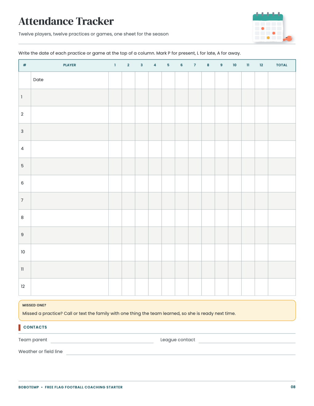 Attendance tracker for twelve players and twelve practices or games, with a date row, a total column and team contact lines