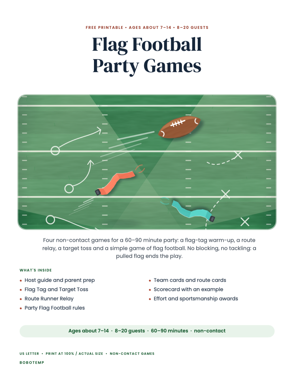 Cover: a painted night football field from above with chalk plays, a spiral pass and two pulled flags, and the list of what is inside