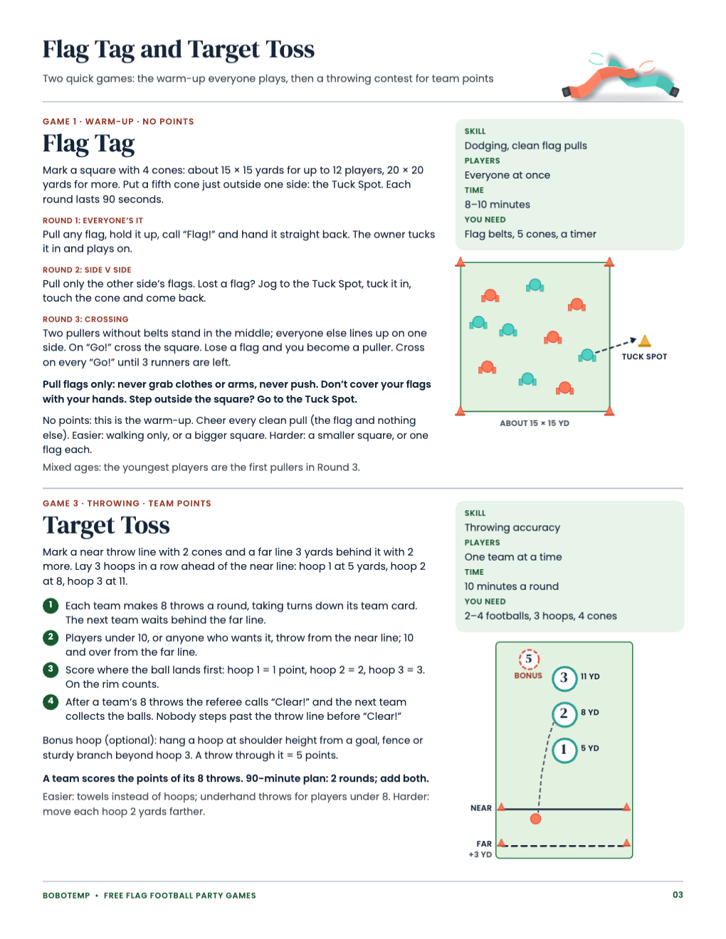 Flag Tag and Target Toss rules, each with a field diagram: a flag-tag square with a tuck spot, and three hoops at 5, 8 and 11 yards