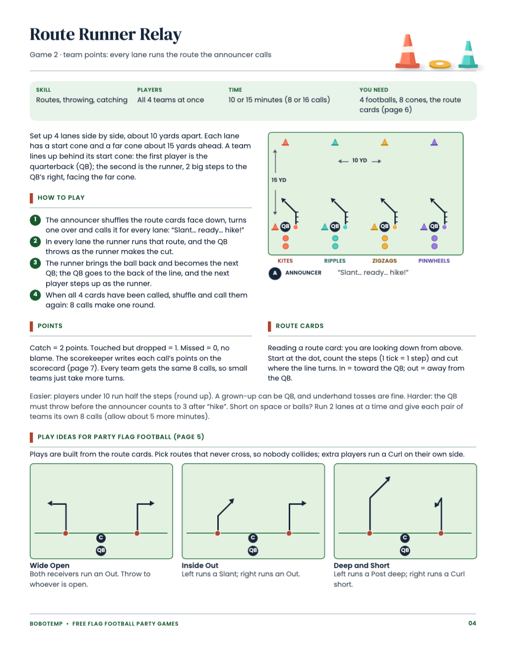 Route Runner Relay: four lanes on a diagram, how to play, points, and three play diagrams built from the route cards
