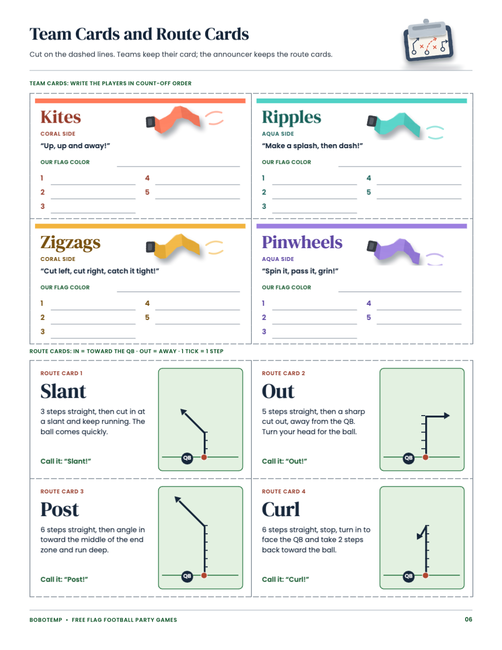 Four team cards (Kites, Ripples, Zigzags, Pinwheels) and four route cards (Slant, Out, Post, Curl) with route diagrams