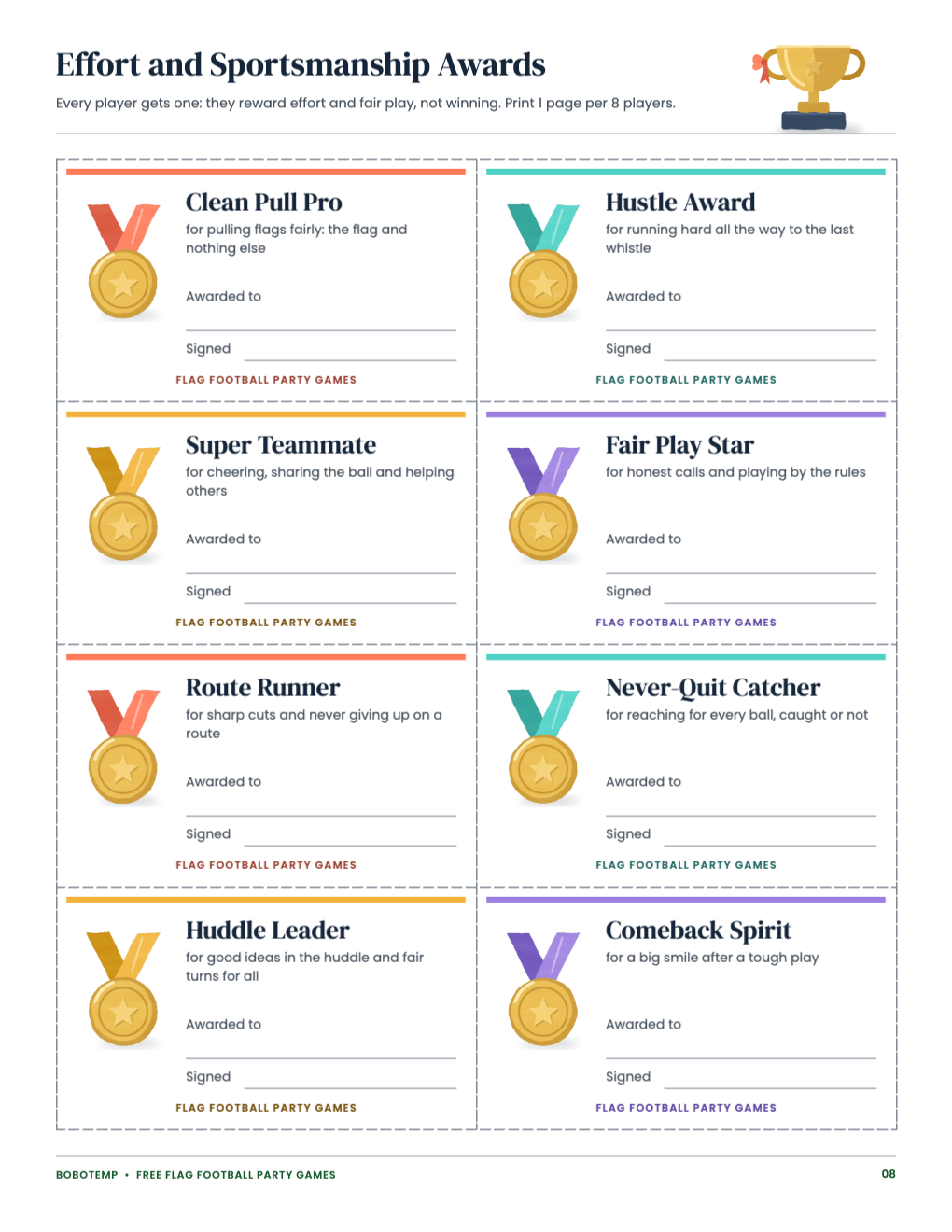 Eight effort and sportsmanship award cards, each with a painted medal