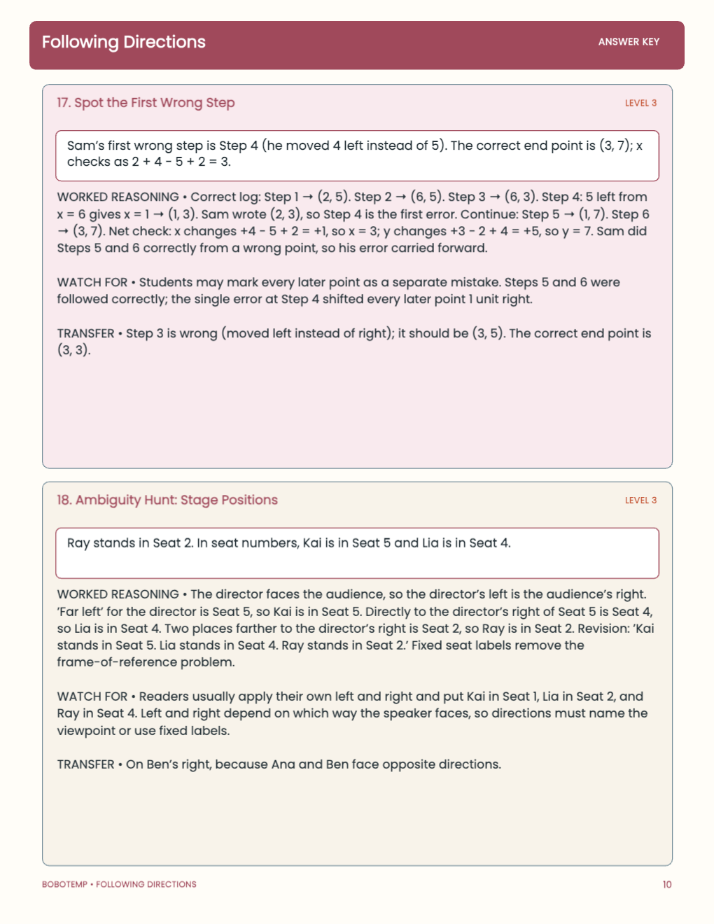Following Directions worked answer page