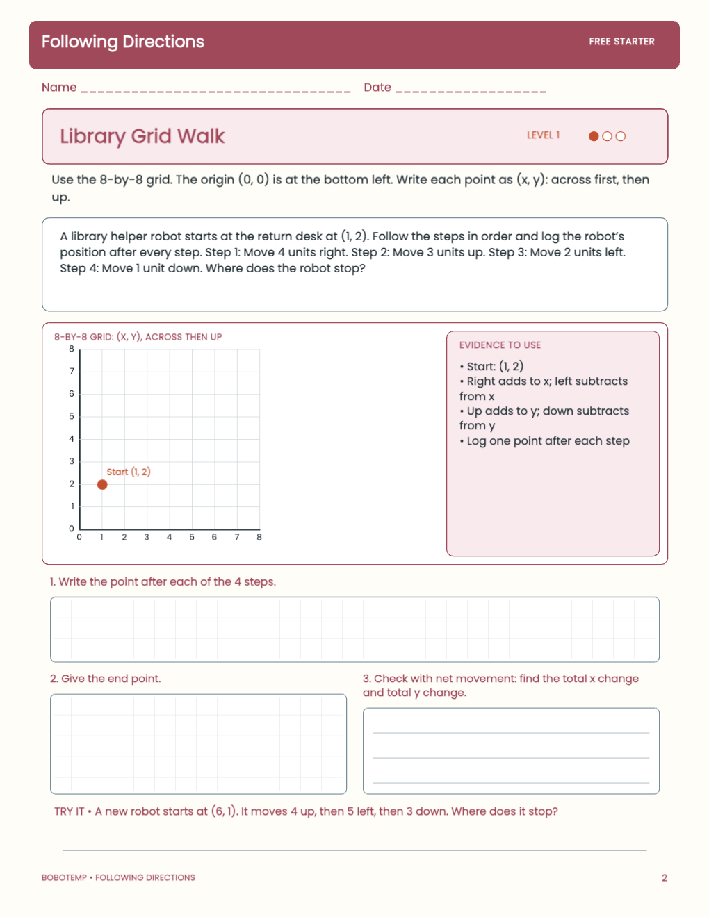 Following Directions free activity page 1