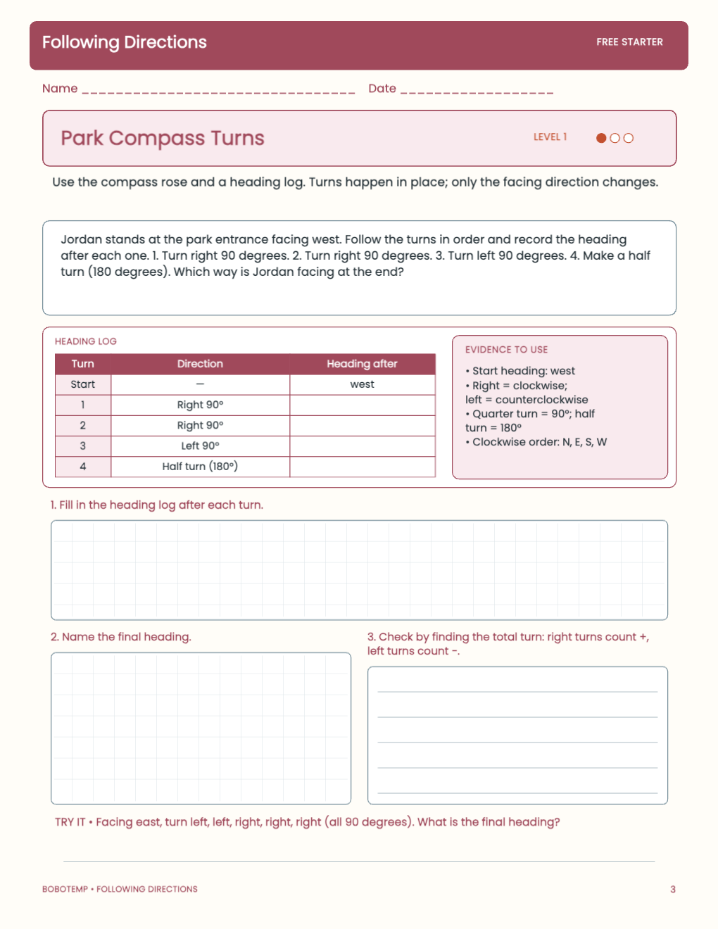 Following Directions free activity page 2