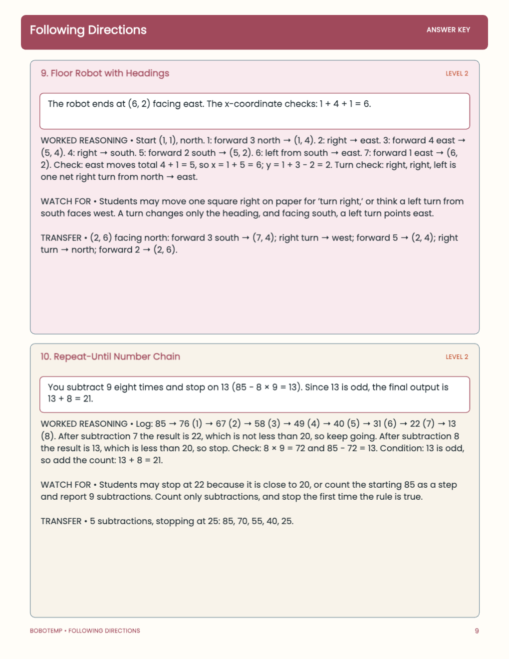 Following Directions worked answer page