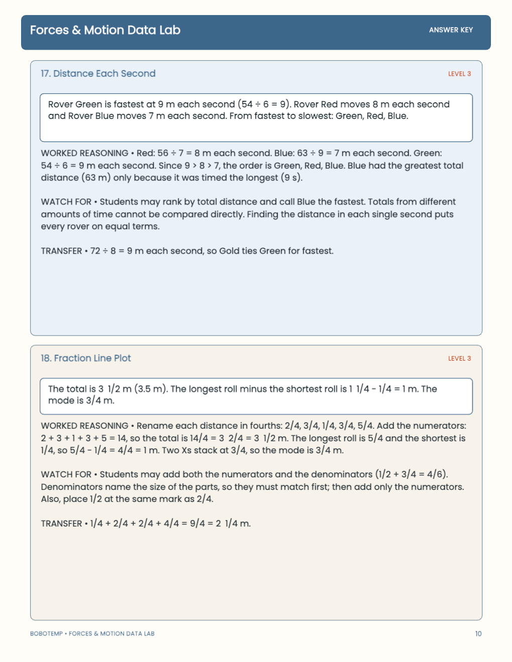 Forces & Motion Data Lab worked answer page