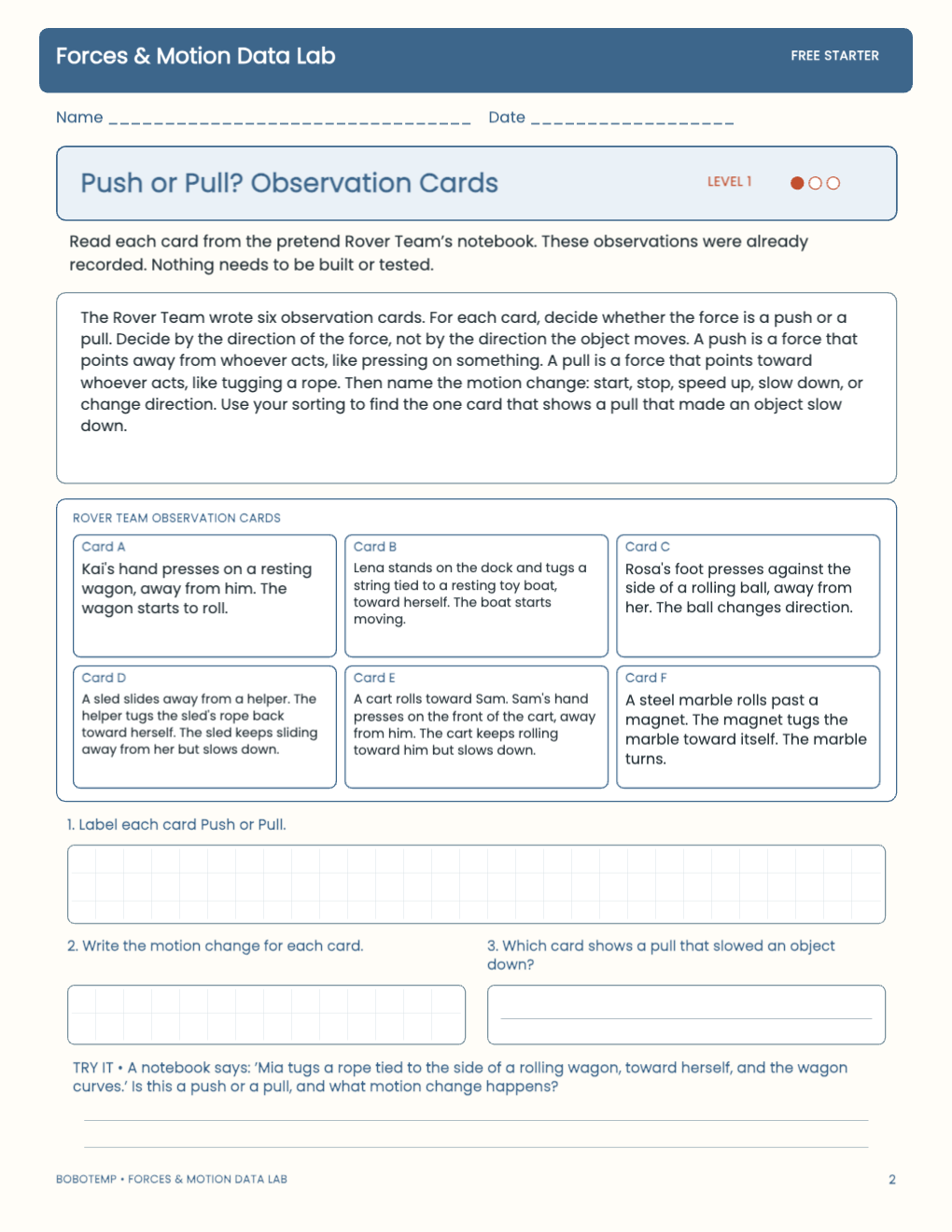 Forces & Motion Data Lab free activity page 1