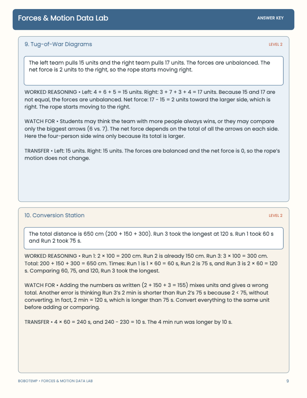 Forces & Motion Data Lab worked answer page