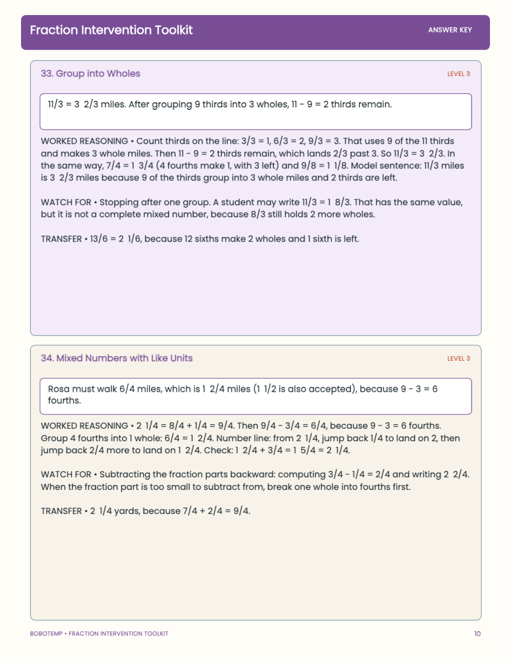 Fraction Intervention Toolkit worked answer page