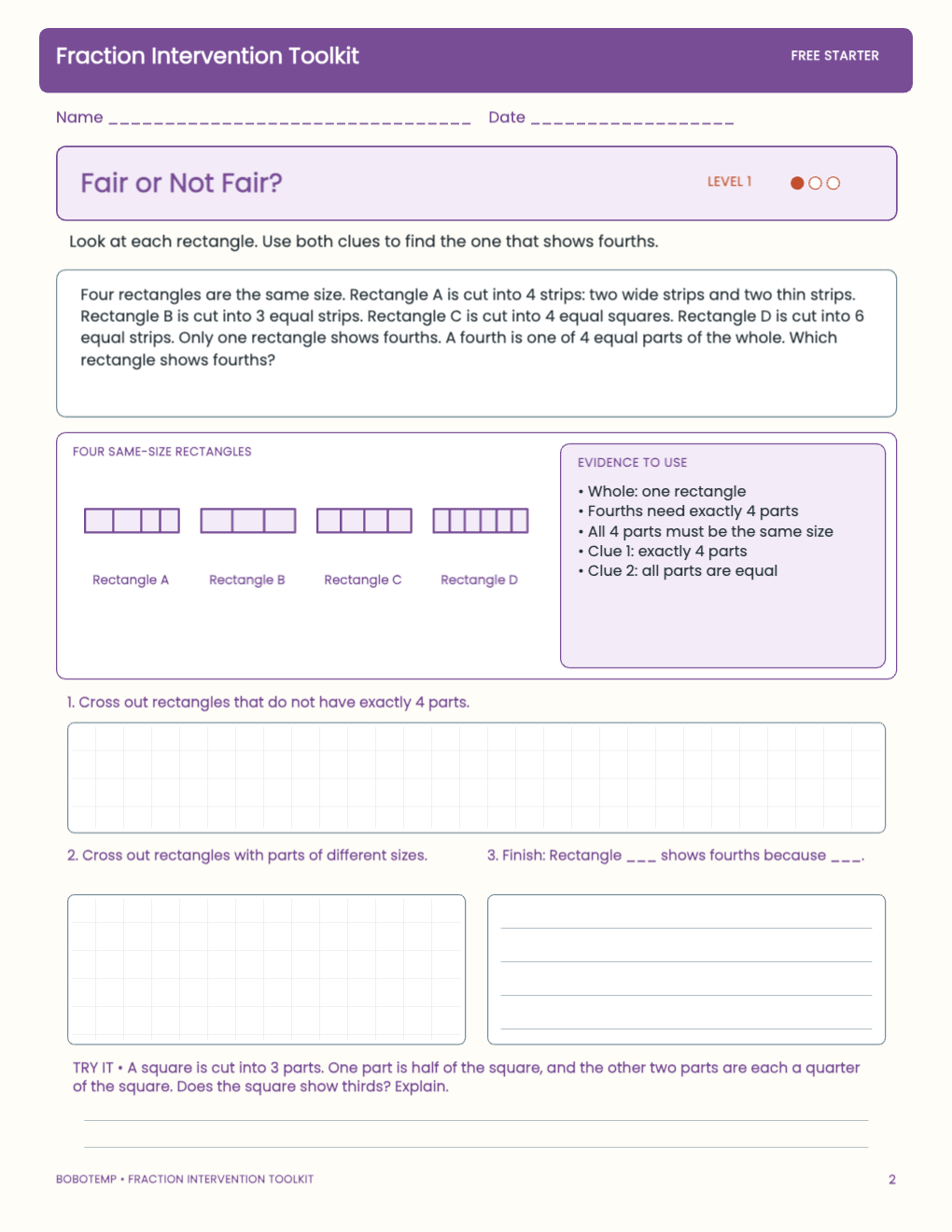 Fraction Intervention Toolkit free activity page 1