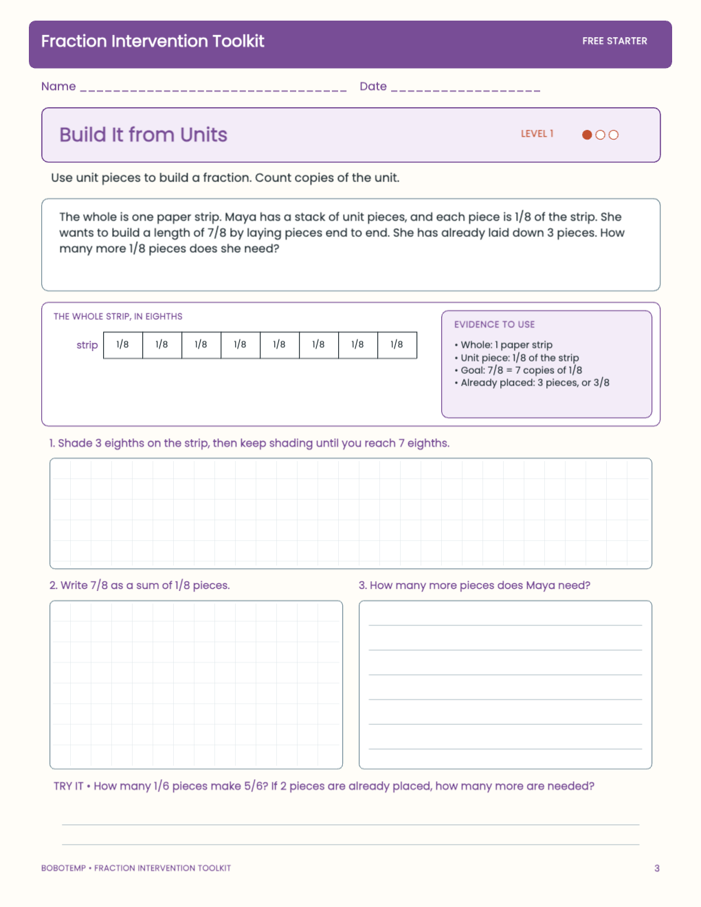 Fraction Intervention Toolkit free activity page 2