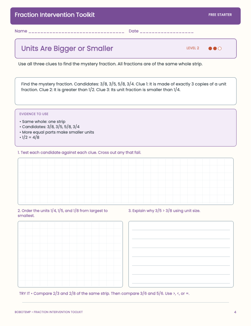 Fraction Intervention Toolkit free activity page 3