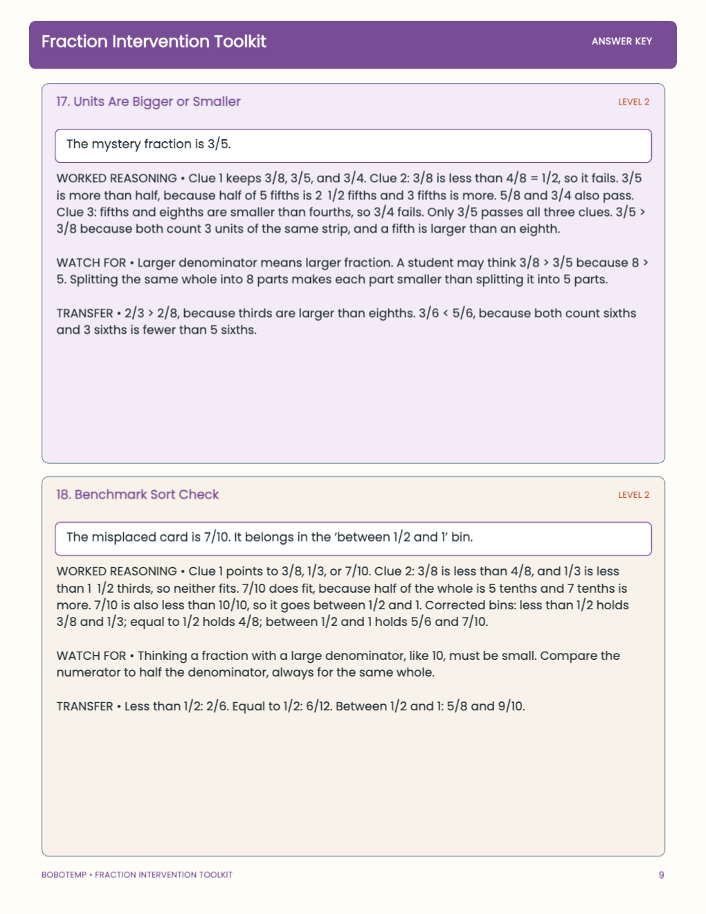 Fraction Intervention Toolkit worked answer page