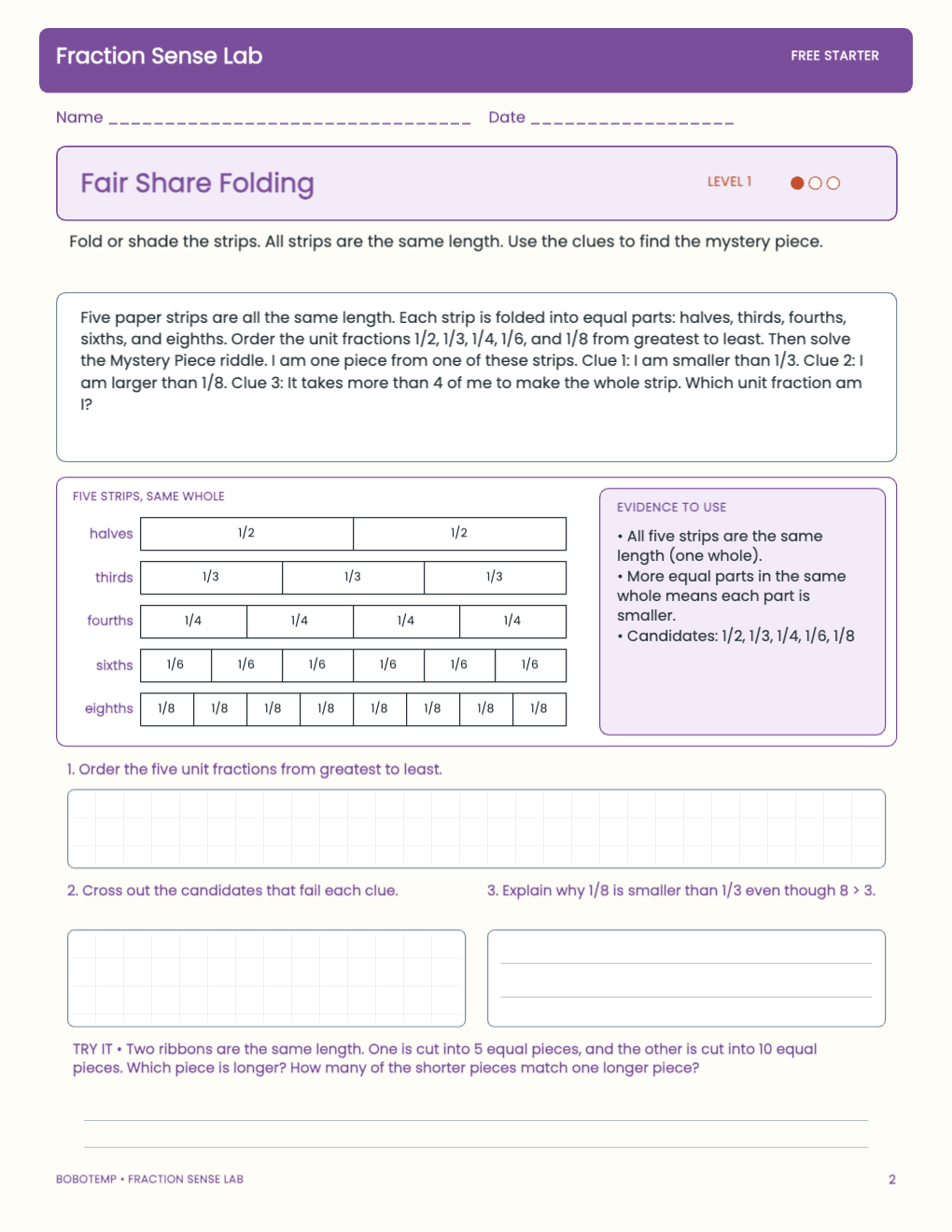 Fraction Sense Lab free activity page 1