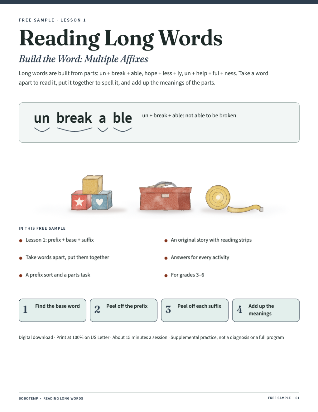 Free Prefix and Suffix Lesson: Words With Three Parts (Printable)