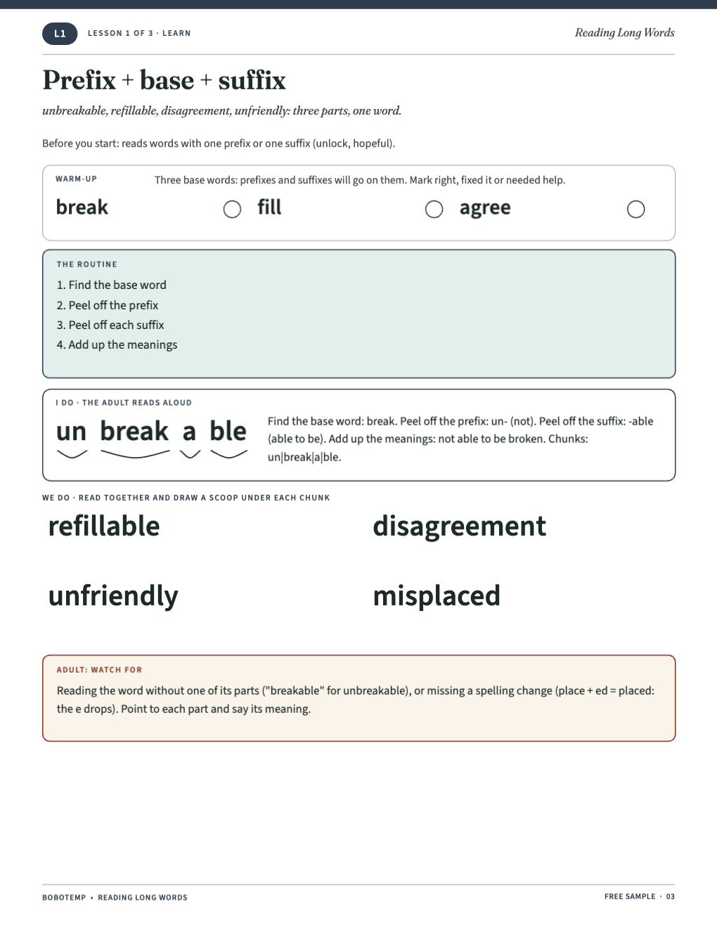 Free Prefix and Suffix Lesson: Words With Three Parts (Printable)