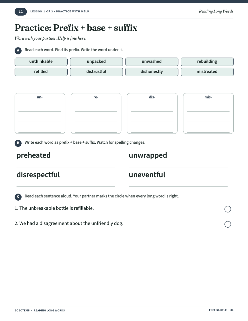 Free Prefix and Suffix Lesson: Words With Three Parts (Printable)