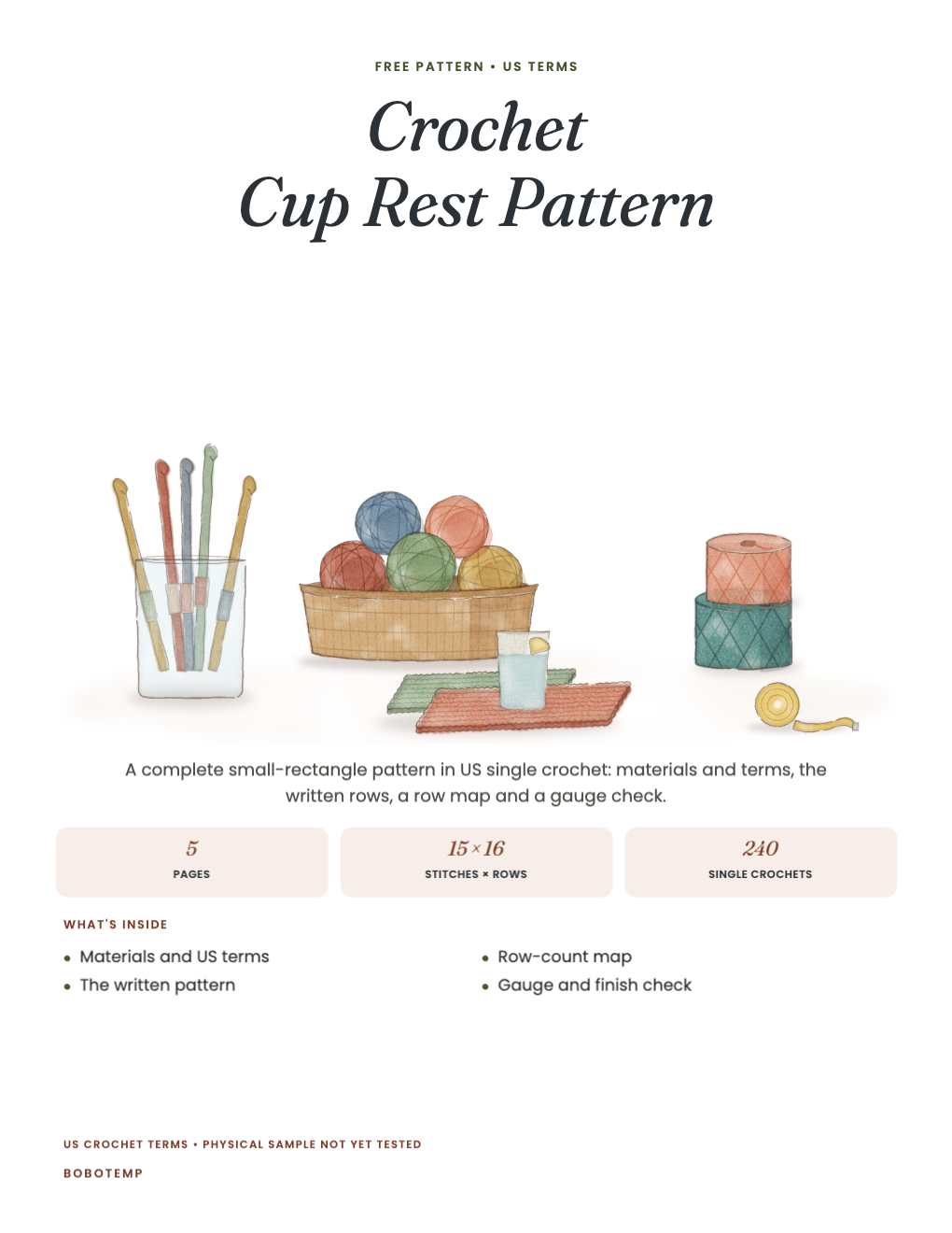 Crochet cup rest pattern cover with a painted jar of crochet hooks, a basket of yarn, two crocheted mats under a glass of water, yarn cakes and a tape measure
