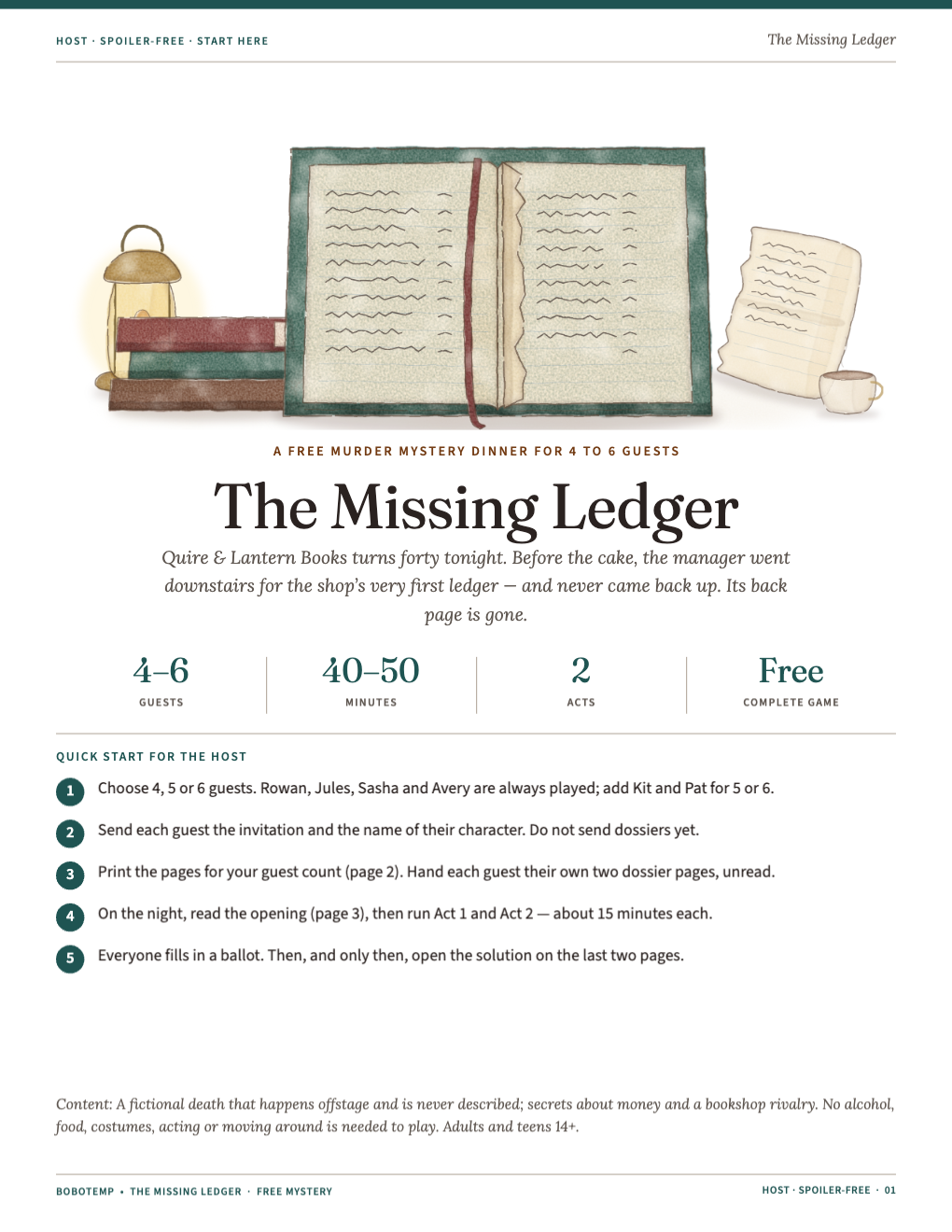Cover: an open ledger with its back page torn out, a loose page, old books and a lantern, with a five-step quick start for the host