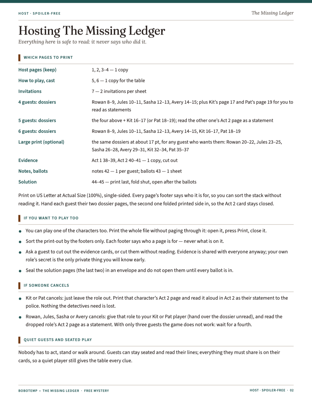 Host guide: which pages to print for 4, 5 or 6 guests, how the host can play too, and what to do if someone cancels