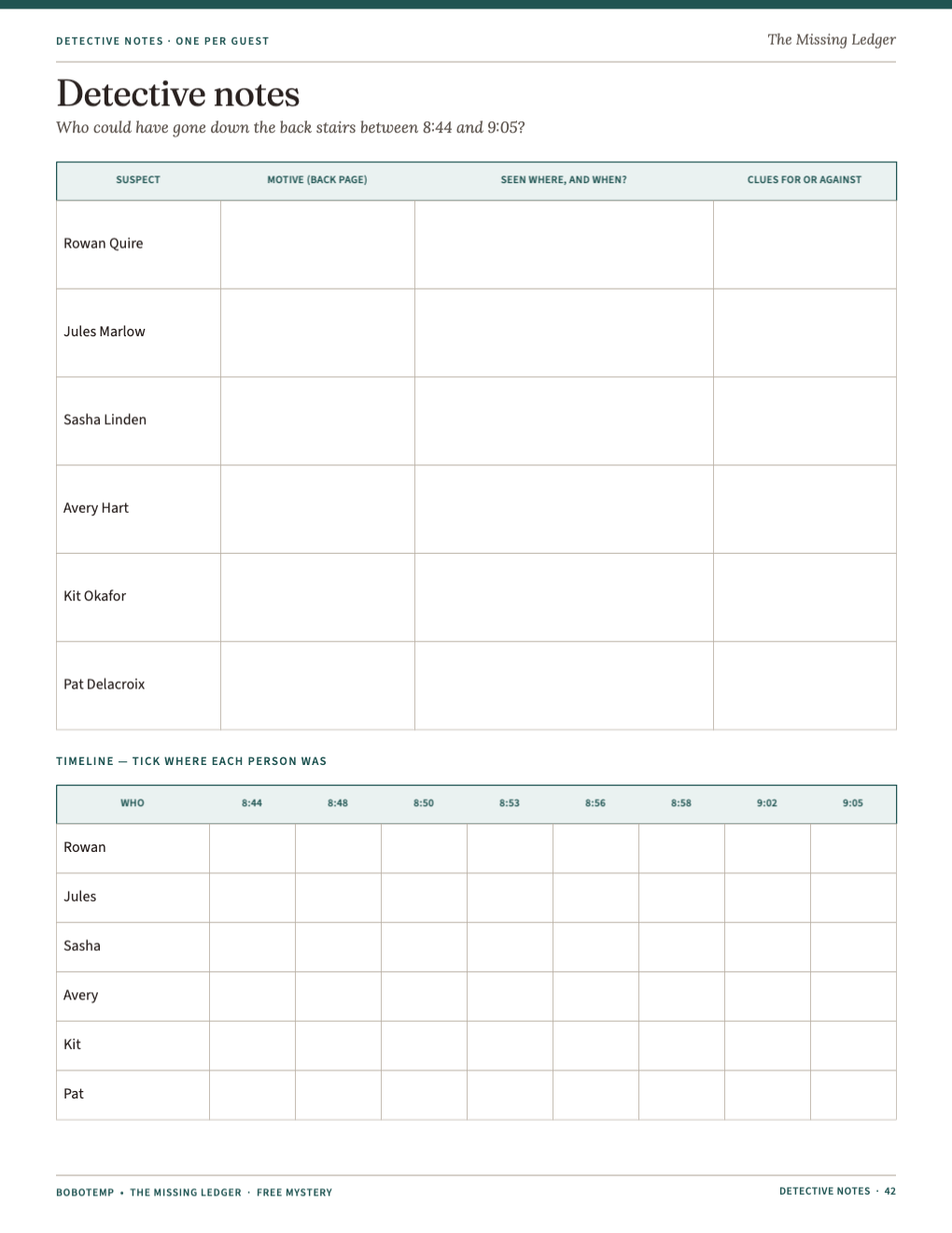 Detective notes: a suspect table and a timeline grid from 8:44 to 9:05