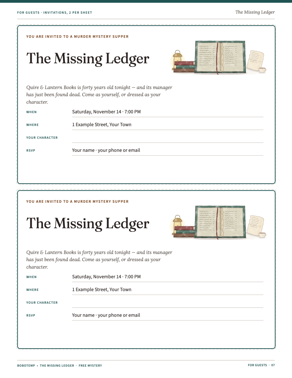 Two invitations per sheet with lines for the date, address, character and RSVP