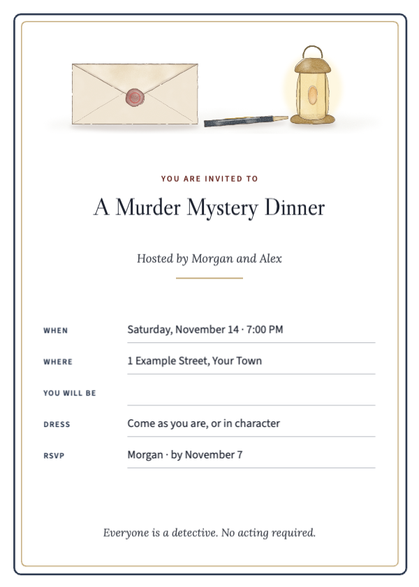 A 5 by 7 murder mystery invitation with a sealed envelope, a fountain pen and a brass lantern