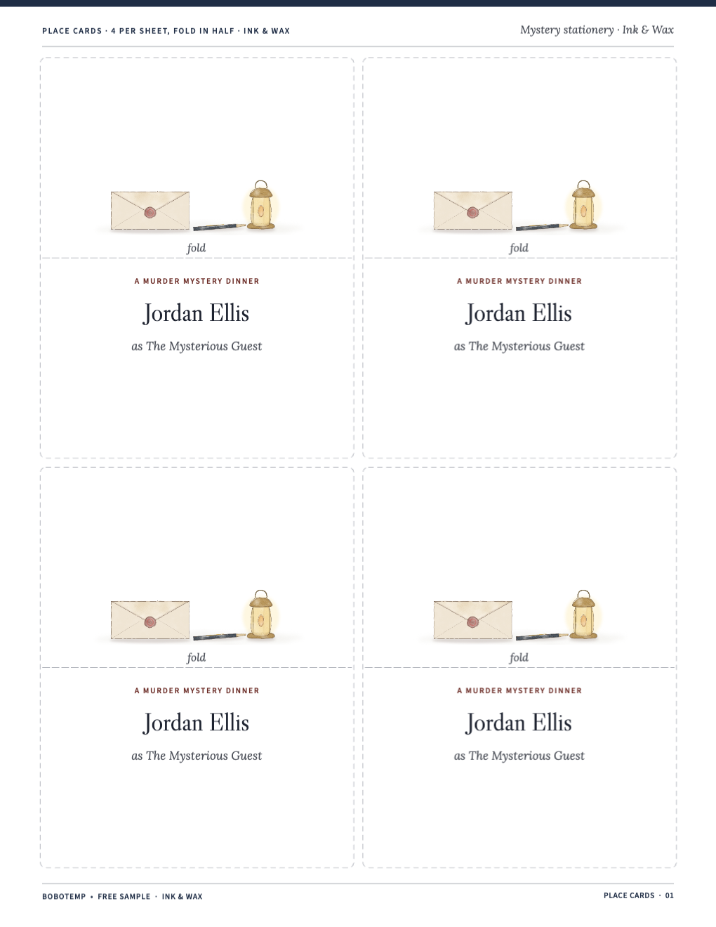 Four folded murder mystery place cards with a sealed envelope, a pen and a lantern