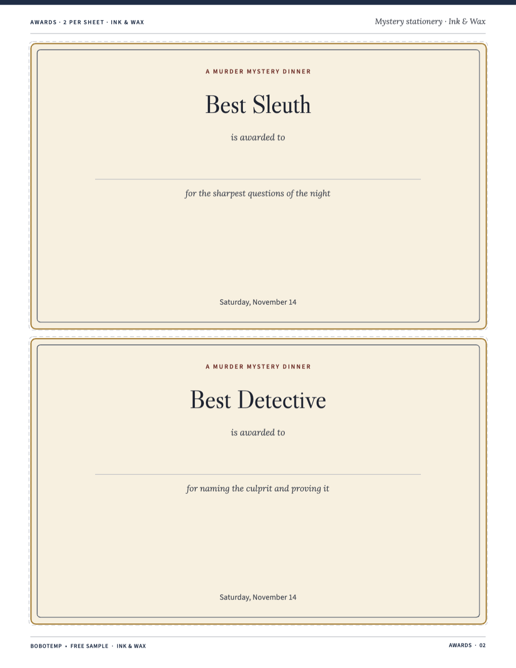 Best Sleuth and Best Detective award certificates