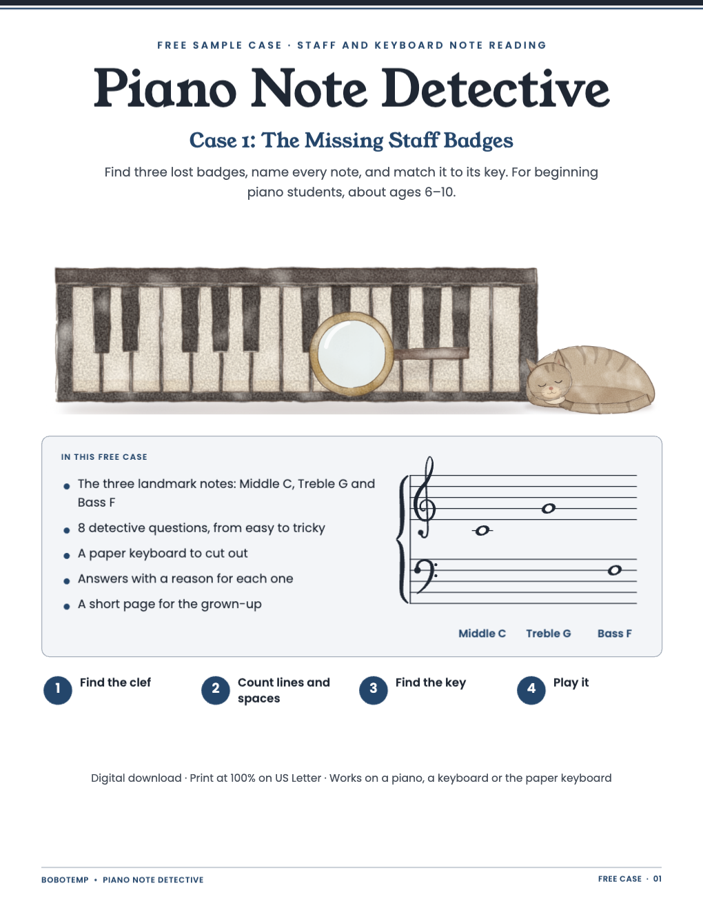 The cover: piano keys, a magnifying glass and a sleeping cat, with the title Piano Note Detective
