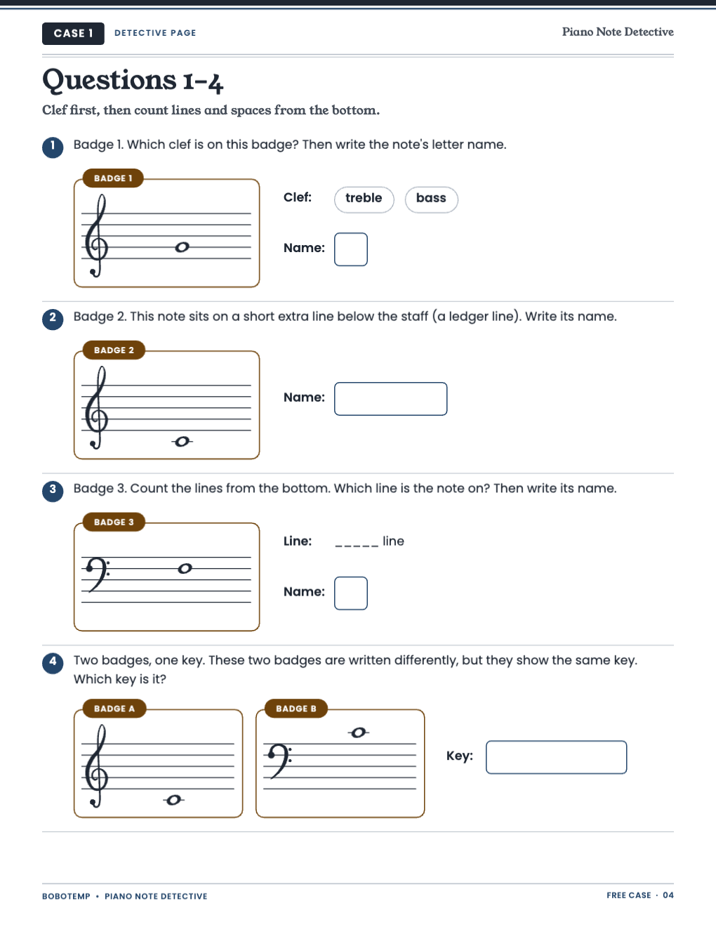 Questions 1 to 4: badges with one note each, a clef choice and answer boxes
