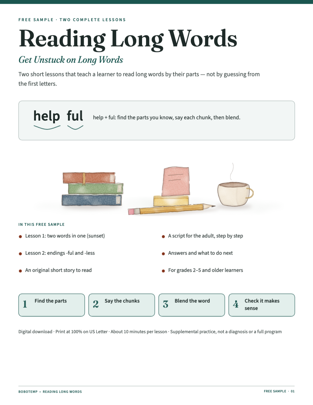 The cover: a stack of books, sticky notes, a pencil and a cup, with the word helpful split into help and ful