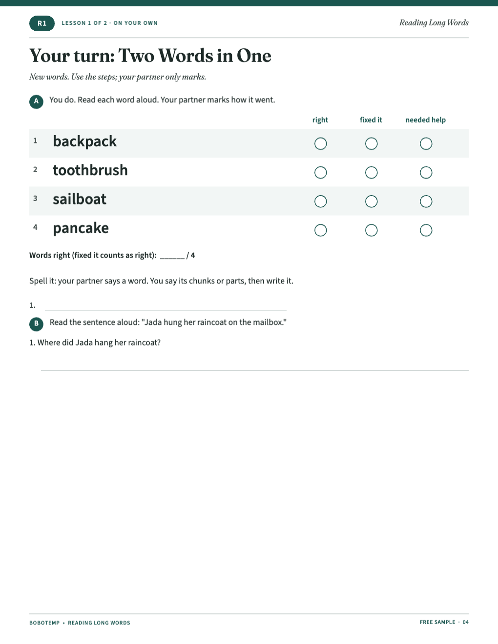 Lesson 1, your turn: four new words to read and mark, spelling and a sentence