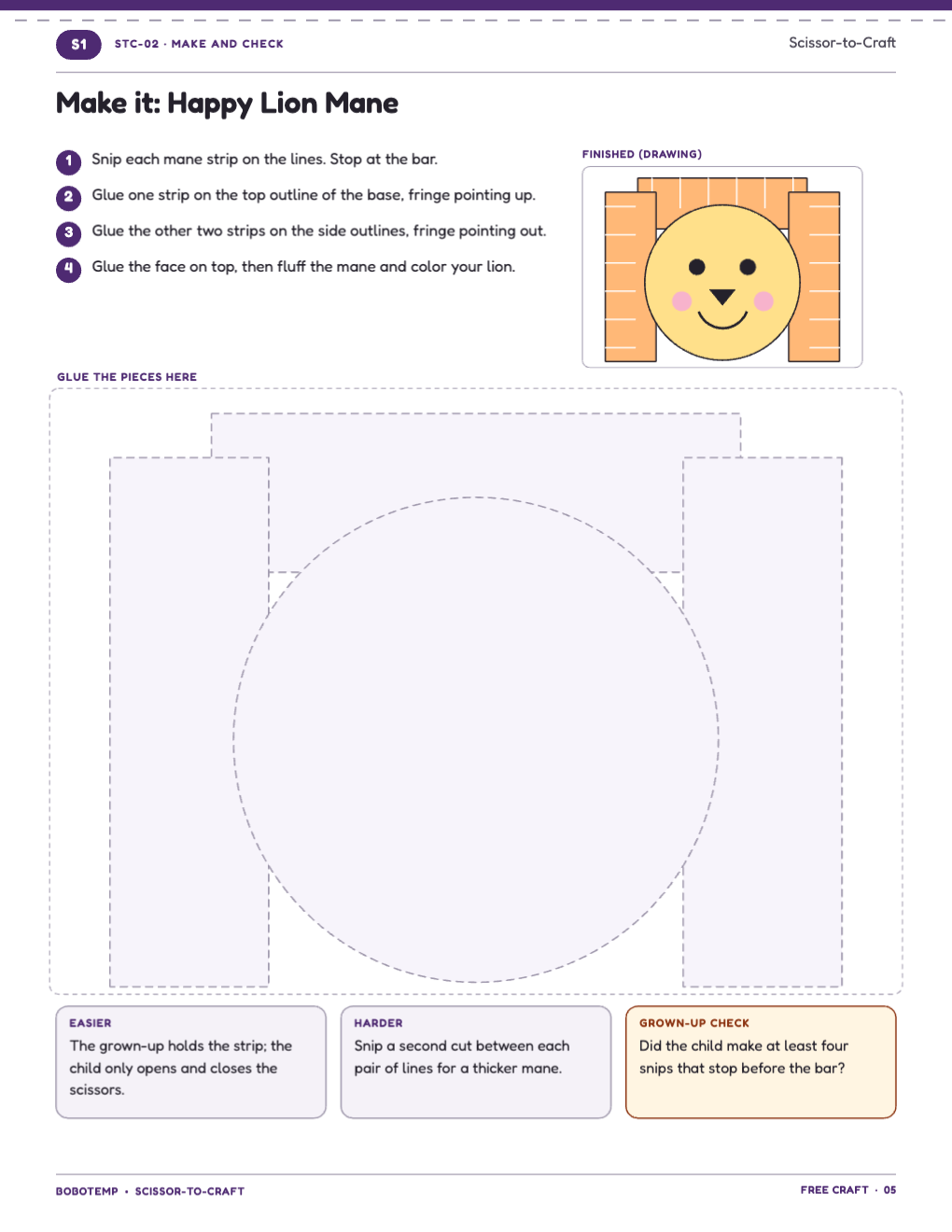 The make page: steps, a drawing of the finished lion and a glue base at full size