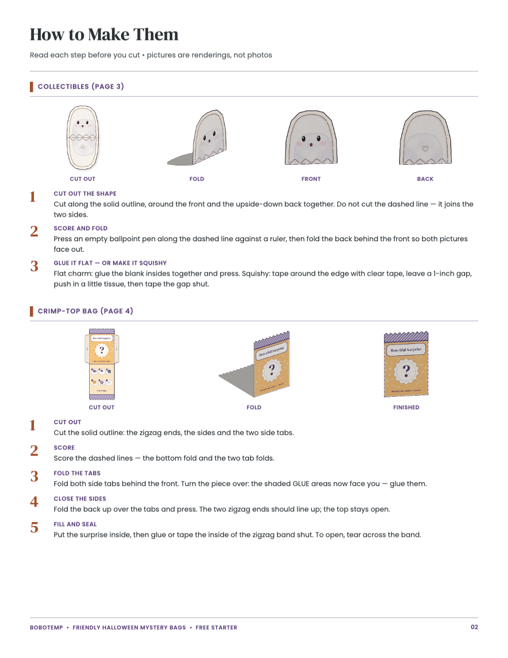 Pictured steps (renderings) for making the collectible and the bag