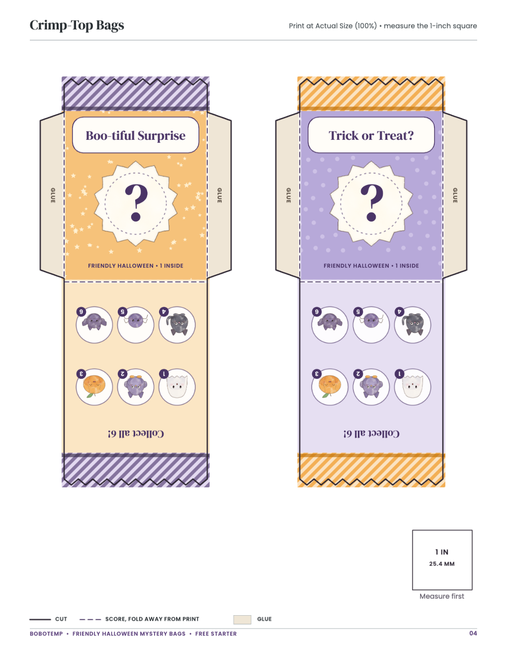 Crimp-Top Bags: bag templates with cut, score and glue lines and a 1-inch square