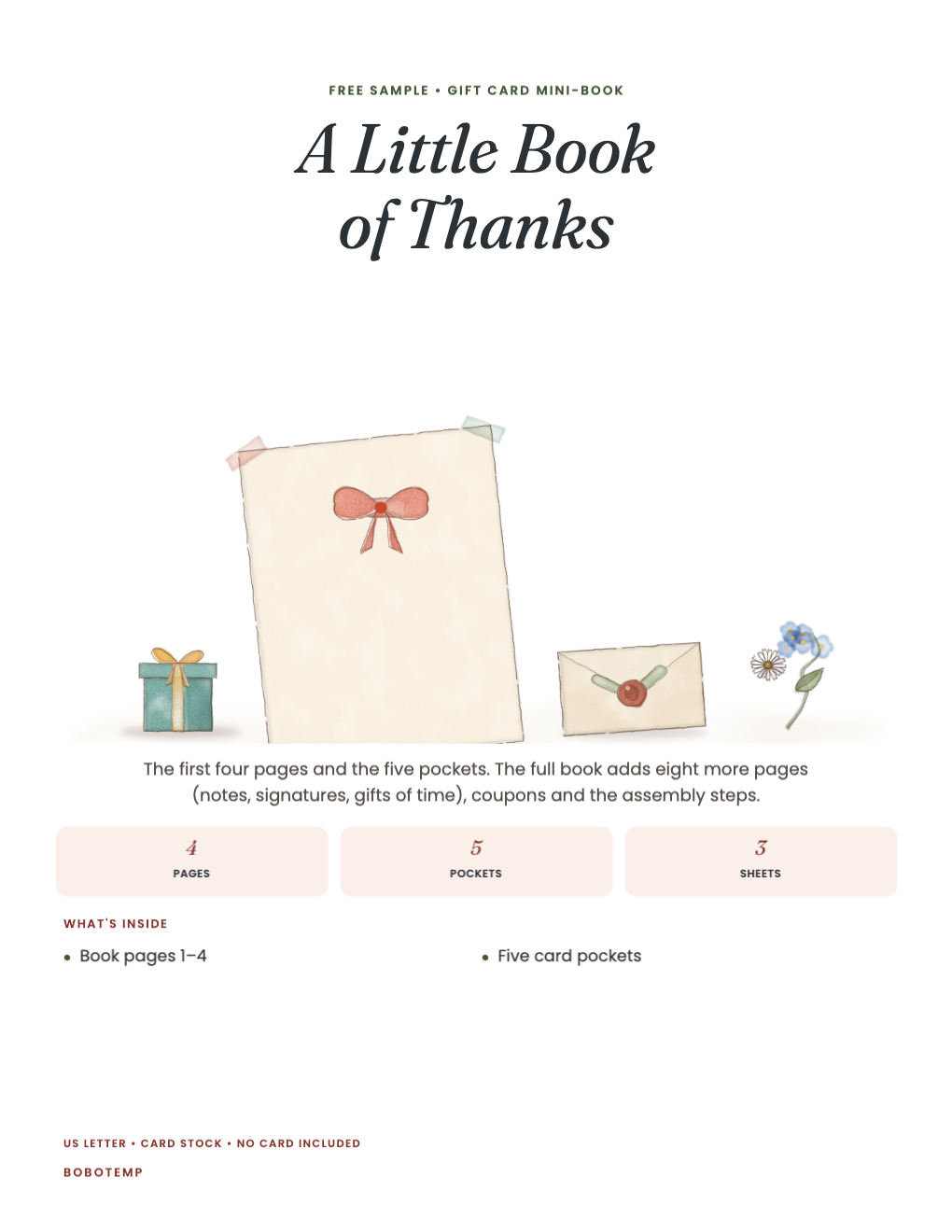 A Little Book of Thanks sampler cover with a painted card, a gift and an envelope