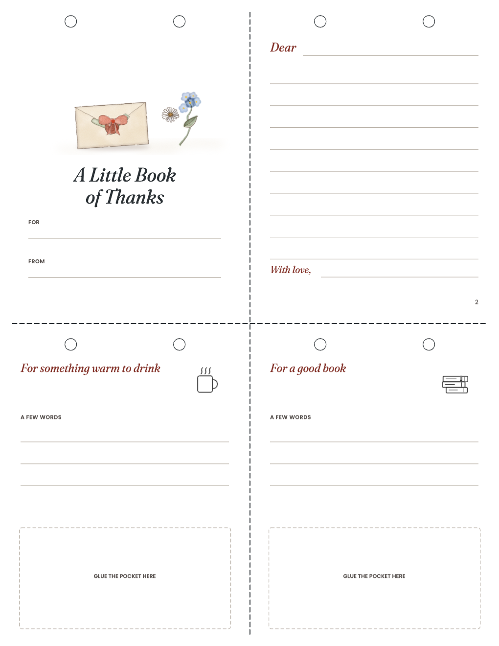 Four mini-book pages on one sheet: a cover, a Dear letter and two pocket pages