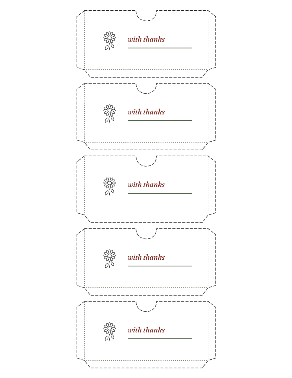 Five card pockets with fold-back flaps, each marked with thanks