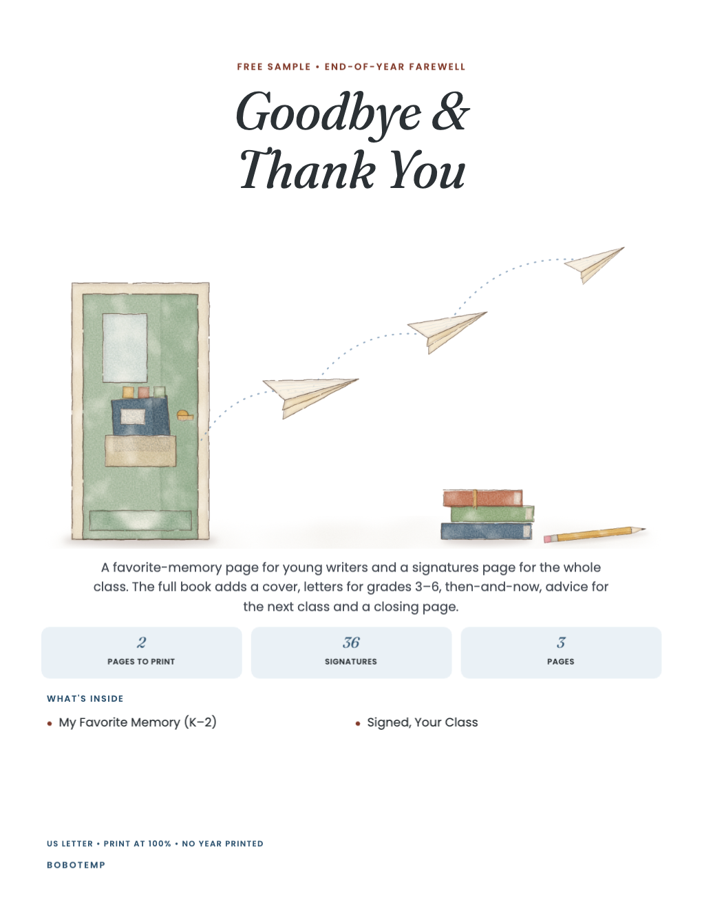 Goodbye & Thank You sampler cover with a painted classroom door and paper planes