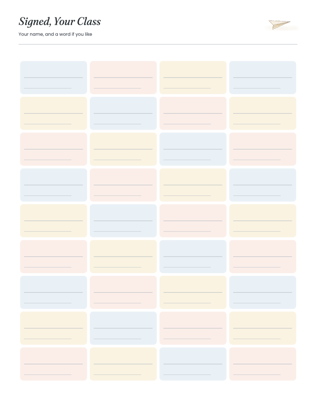 Signed, Your Class: 36 colored signature spaces