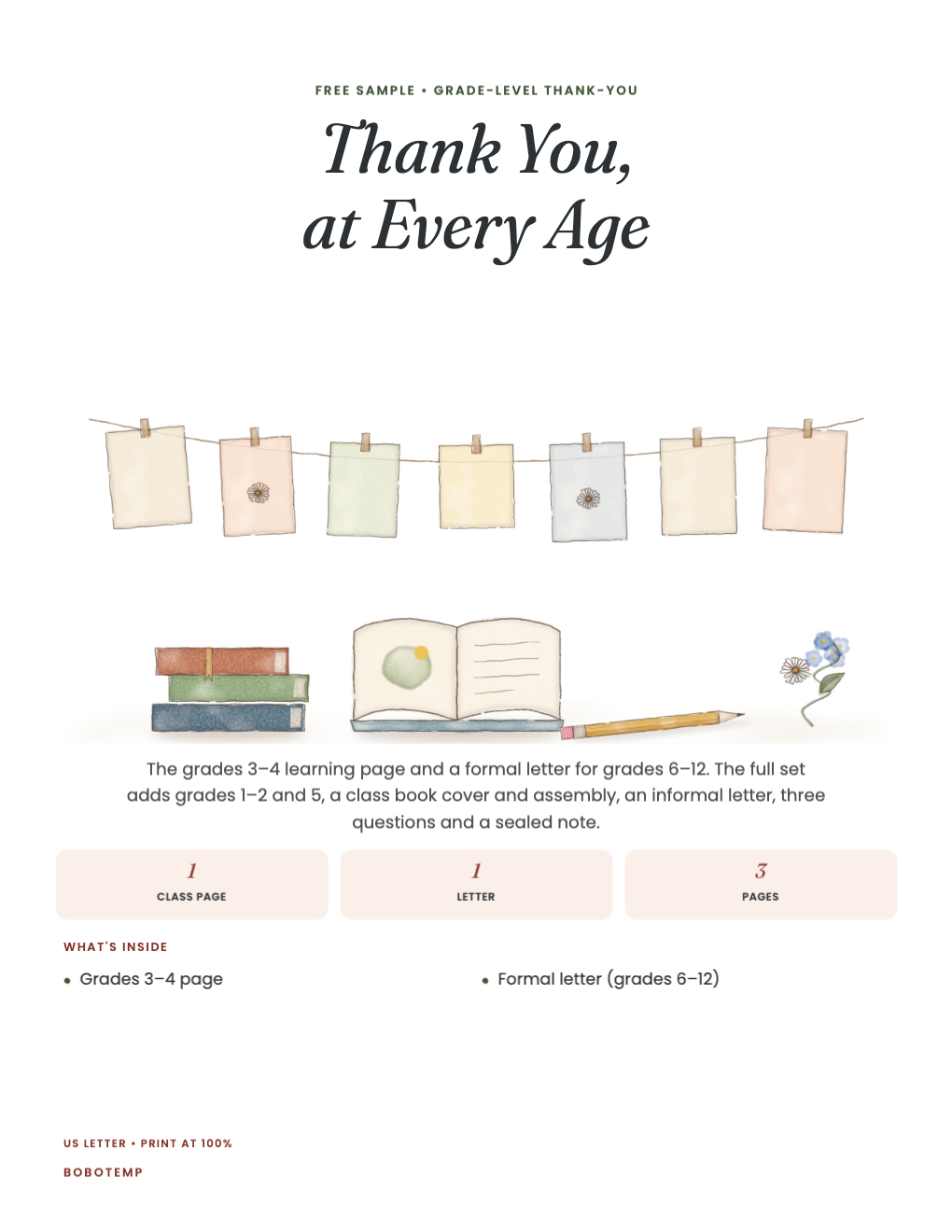 Thank You, at Every Age sampler cover with painted pinned notes, books, an open book and a pencil