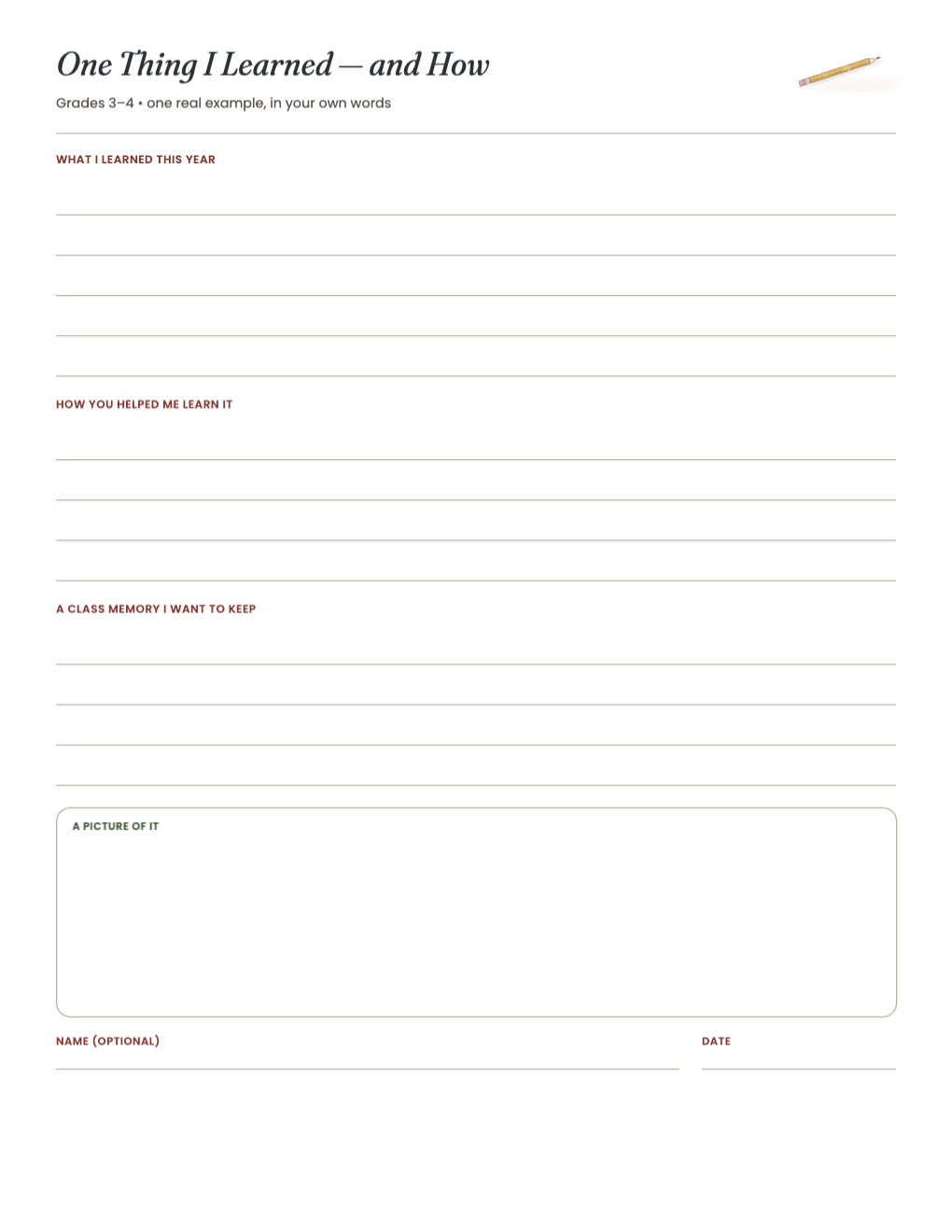 One Thing I Learned — and How: three writing sections and a small picture box