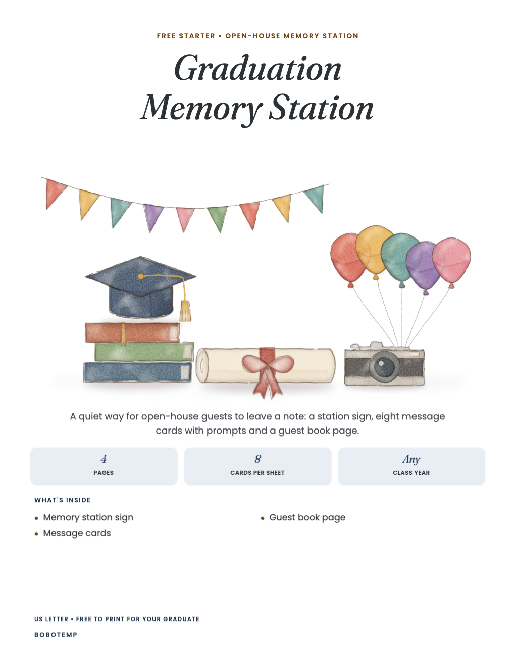 Graduation memory station starter cover with painted bunting, a mortarboard, diploma, books, balloons and camera