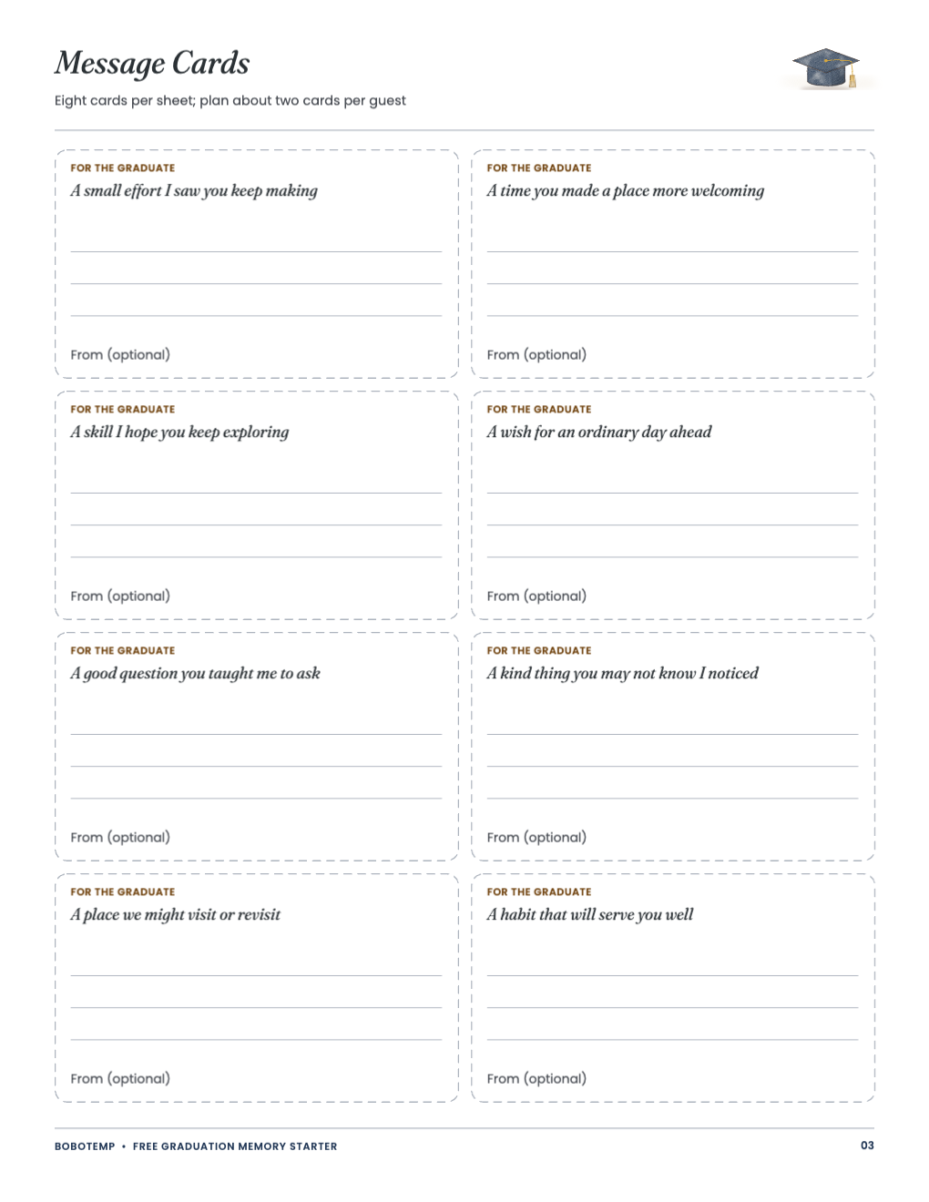 Eight message cards with gentle prompts