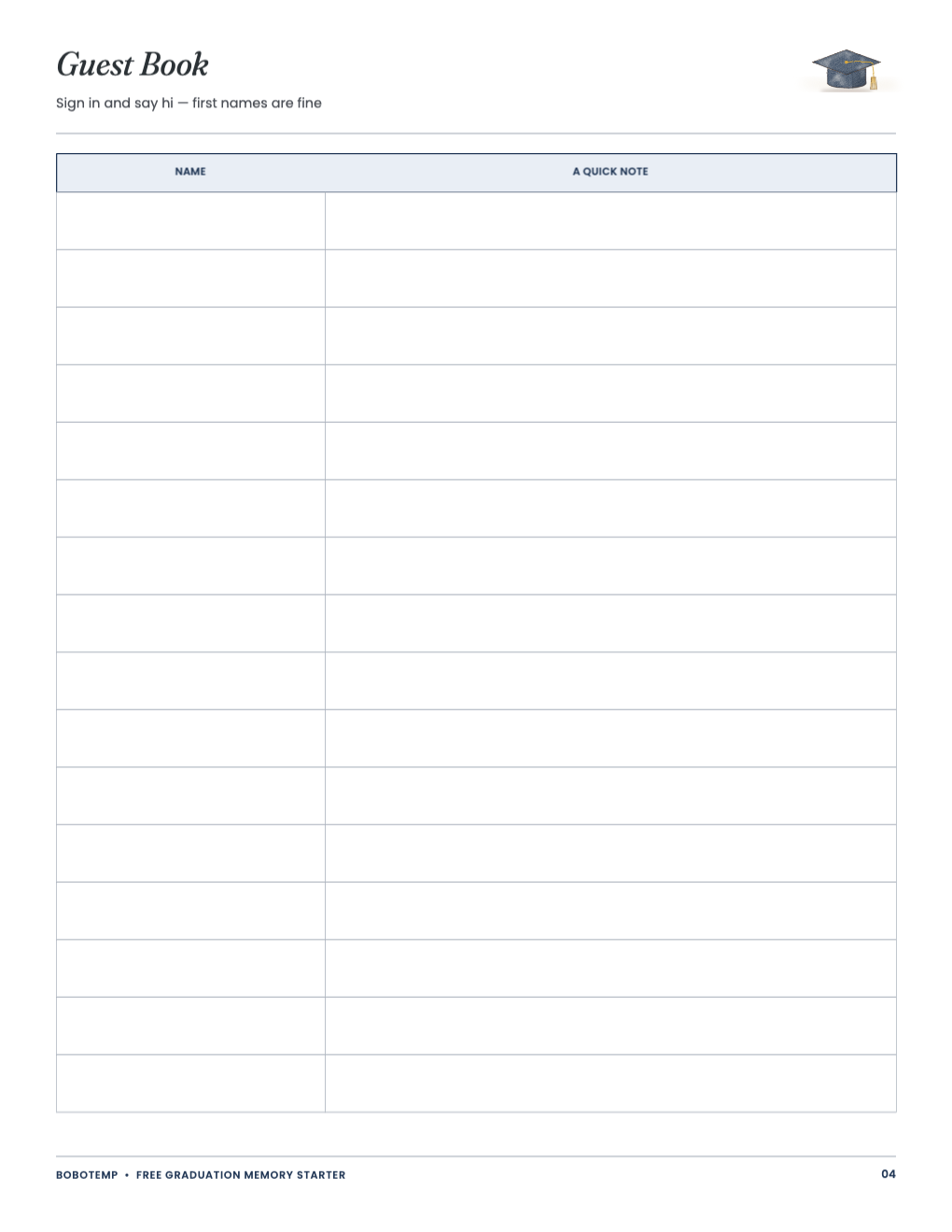 Guest book page with name and note columns