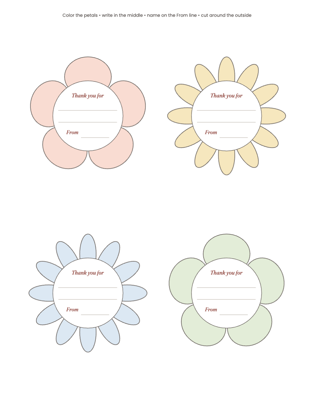 Four flowers to color with a wide Thank you for center and a From line