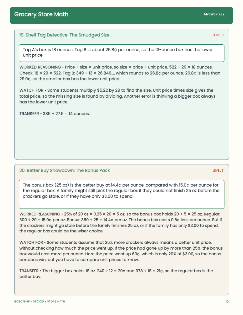 Grocery Store Math worked answer page